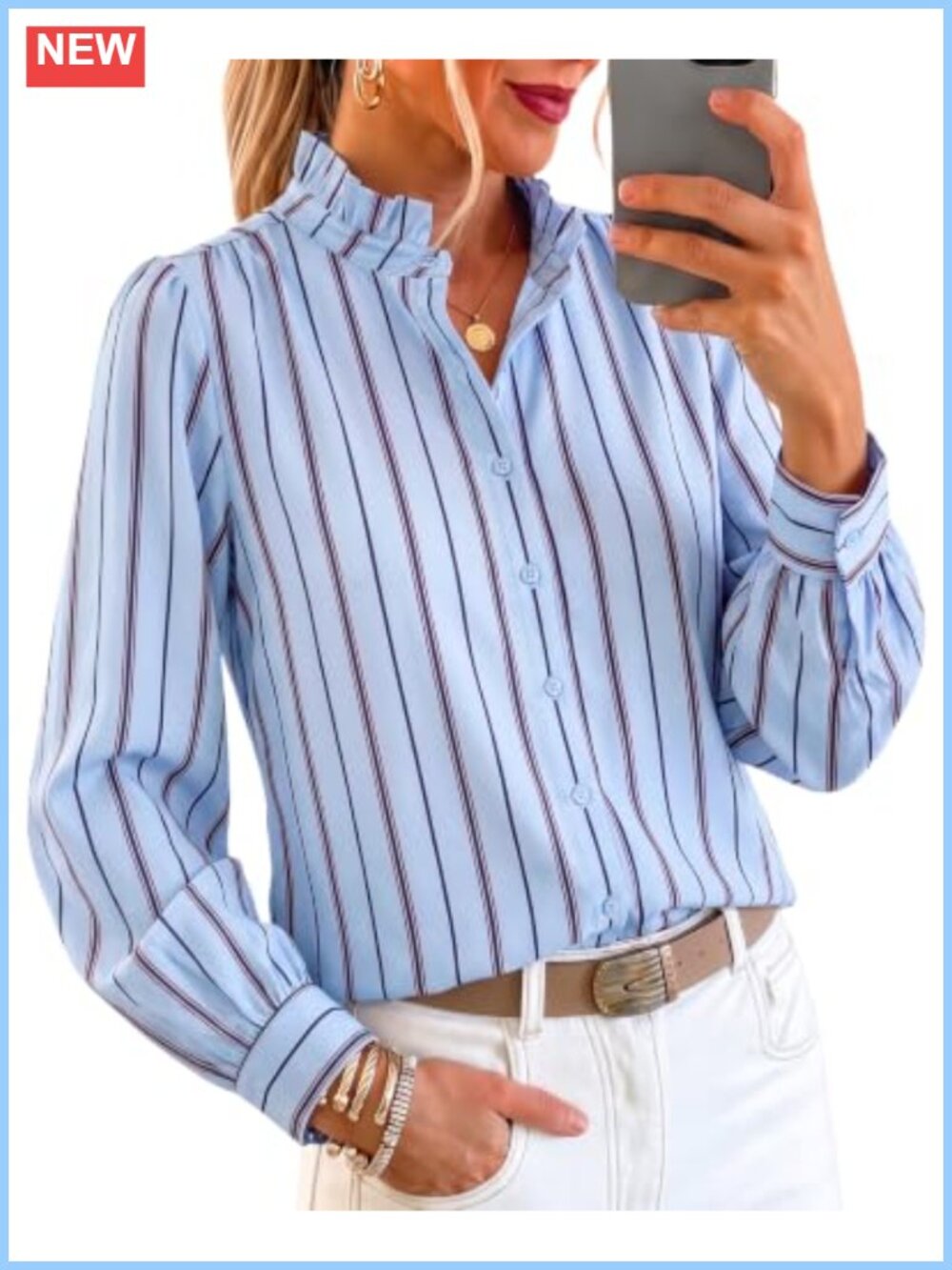 Striped Button Down Ruffle V Neck Blouse Long Sleeve Office Top